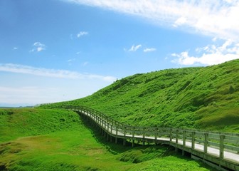 Wooden footpath to walk around green hill