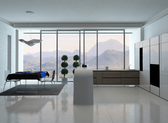 ..Modern kitchen interior with dining table and blue tablecloth