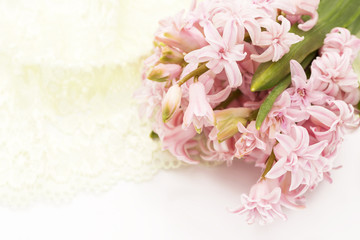 bouquet of pink hyacinths with lace