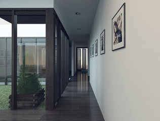 Modern apartment interior with long hallway / corridor
