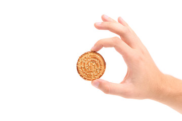 Fototapeta premium Hand holds sesame cookie.