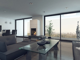 Modern living room interior with gray couch and fireplace