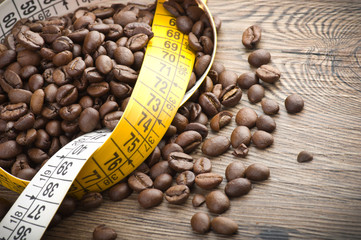 Coffee beans and meter on the wood table