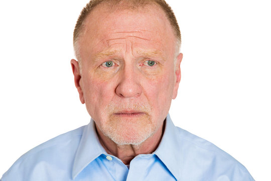 Portrait, headshot Sad, older man on white background 