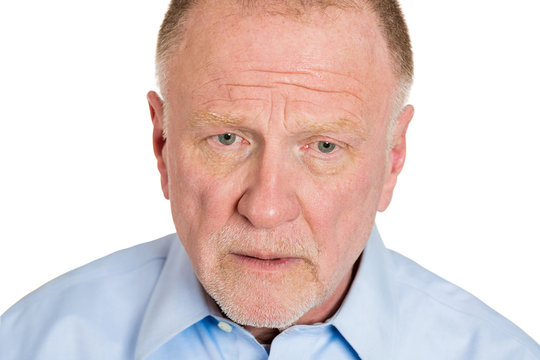 Portrait, headshot, depressed, sad older man on white background