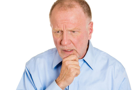 Portrait, headshot, depressed, sad older man on white background