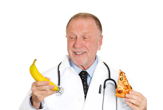 Senior, elderly doctor's advice: eat healthy, low calorie diet