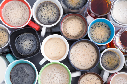 Background of mugs full of fresh hot coffee