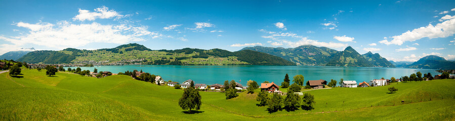 wide view of Alps and Alp lake - obrazy, fototapety, plakaty