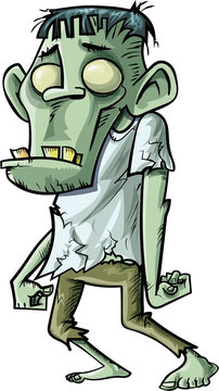 Cartoon stalking green zombie with big teeth