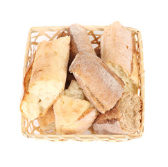 Baguettes in wicket basket.