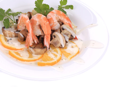 Shrimp salad with mushrooms and white sauce.