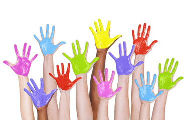 Multi-Ethnic Arms Raised and Colorful Painted Hands