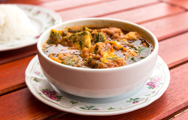 hot and sour curry with shrimps and Acacia Omelette