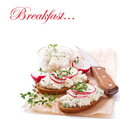 Sandwich with cottage cheese, radish, black pepper and thyme