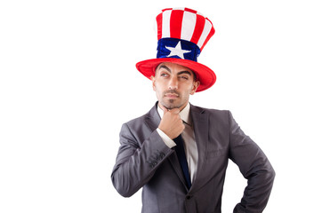 Man with american hat on white