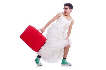 Funny man wearing in woman dress preparing on vacation isolated