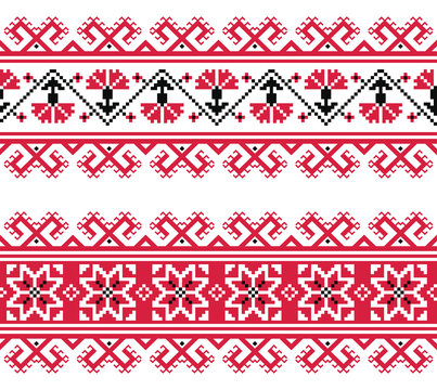 Ukrainian, Slavic Red And Grey Traditional Seamless Folk Pattern