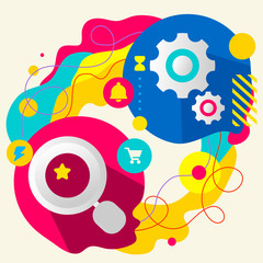 Magnifier and gears on abstract colorful splashes background wit