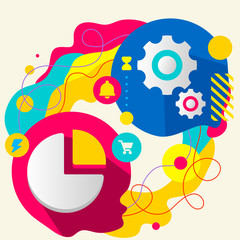 Pie chart and gears on abstract colorful splashes background wit