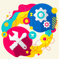 Fototapeta premium Tools screwdriver and wrench and gears on abstract colorful spla