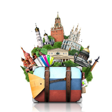 Russia, landmarks Moscow, retro suitcase, travel