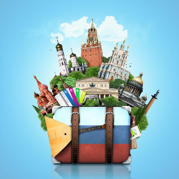 Russia, landmarks Moscow, retro suitcase, travel