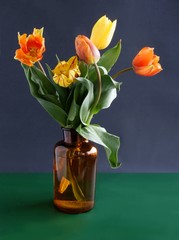 multicolor tulips in brown ceramic mug