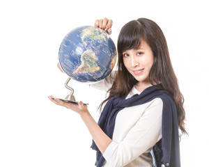 Asian woman with globe in hands