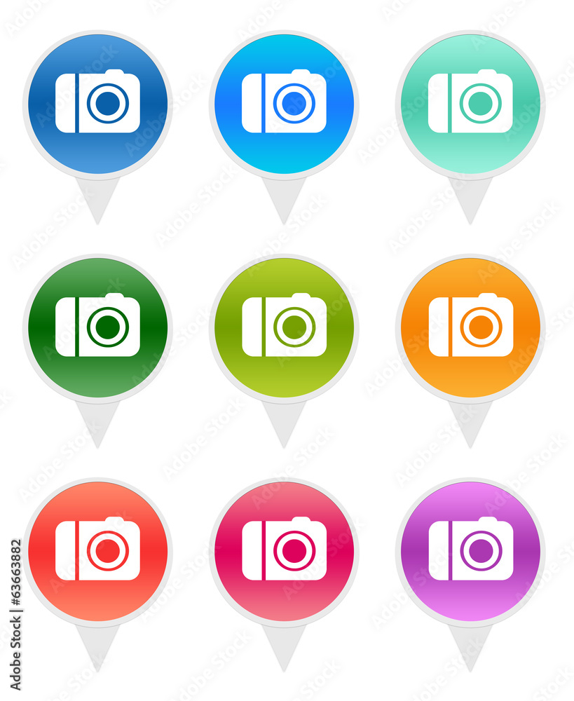 Poster colorful rounded icons for markers on maps with camera symbol