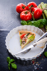 green asparagi Tart with eggs and tomato