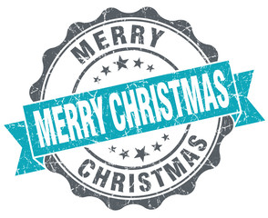 Merry christmas turquoise grunge retro vintage isolated seal
