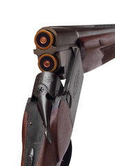 Open double-barrelled shotgun two right rear closeup isolated