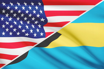 Series of ruffled flags. USA and Bahamas.