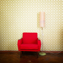 Vintage room with old fashioned armchair, standart lamp, old fas