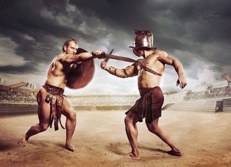 Gladiators fighting on the arena of the Colosseum - obrazy, fototapety, plakaty