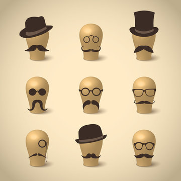 Set of retro mustaches hats and glasses