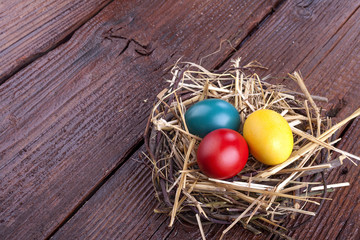painted eggs in the nest for the celebration of Easter