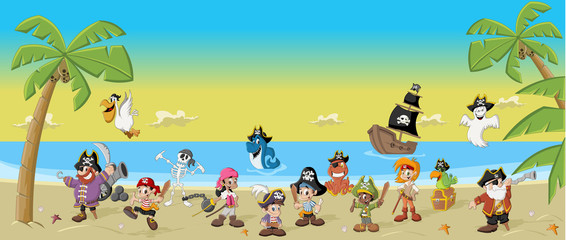 Cartoon pirates with funny animals on a beautiful tropical beach