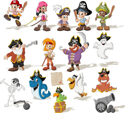 Group of cartoon pirates with funny animals