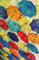Fototapeta na wymiar Dużo parasoli kolorowanki niebo pokrył z grunge tekstury.
