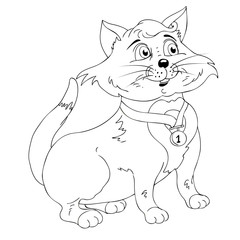 Cartoon cat with medal. Drawing style black on white.