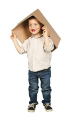 Funny little boy with a box on his head