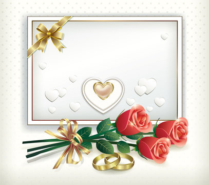 card with a bouquet of roses and wedding rings