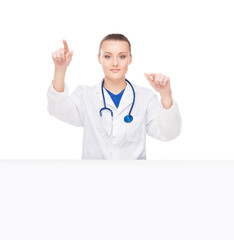 A professional doctor woman pushing an imaginary button