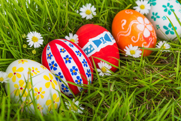 Easter Eggs with flower on Fresh Green Grass