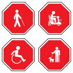 Personnes handicapées dans 4 panneaux Stop