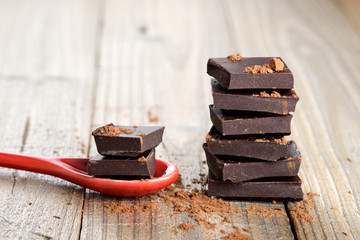 Chocolate pieces with cocoa in spoon