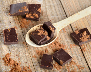 Chocolate pieces with cocoa on wooden background