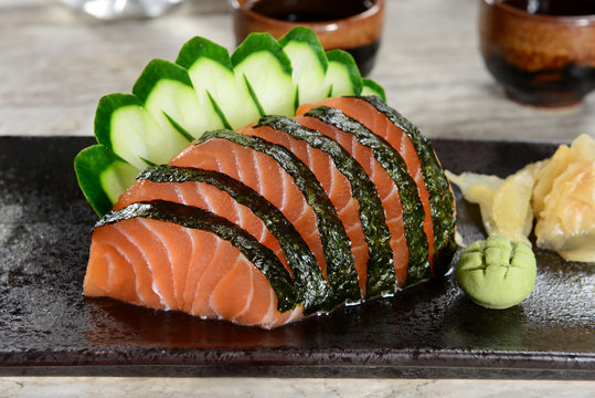 Sashimi wrapped on seaweed
